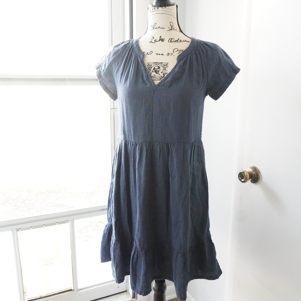 Pact Navy Blue Cotton Gauze Tiered Ruffle V‎ Neck Casual Dress Womens XS Organic